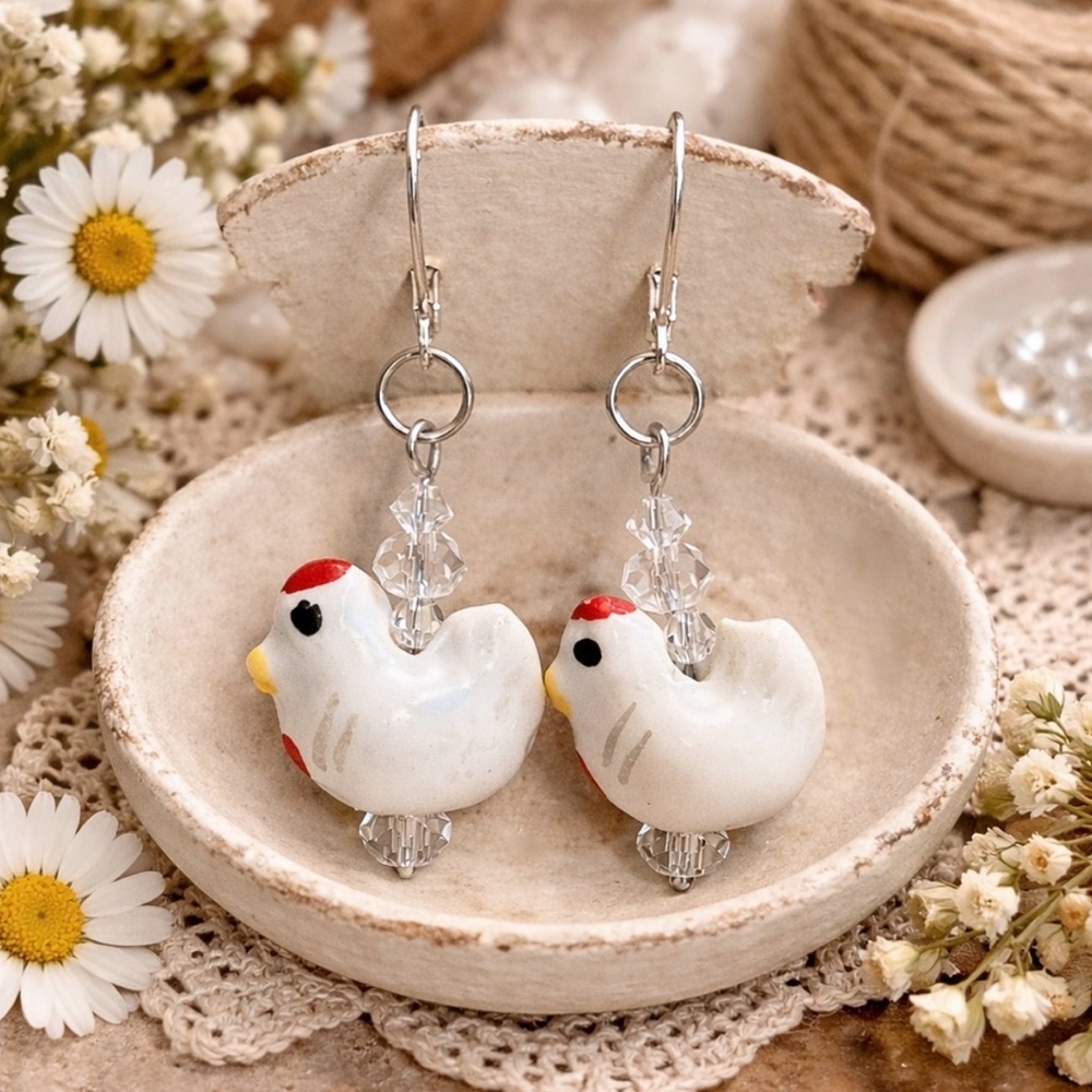 Artisan Chicken Earrings Glass Lampwork Handmade Farmhouse Cute